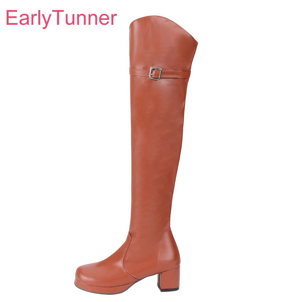 

Женские сапоги на среднем каблуке, коричневые или белые удобные сапоги до бедра, обувь для верховой езды, большой размер 12, 30, 43, 46, 48, для зимы