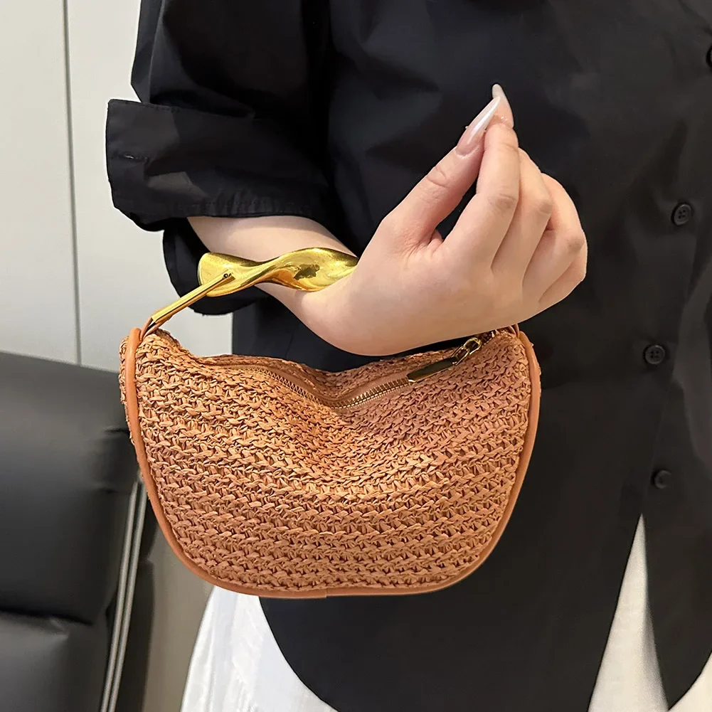 Women Elegant Knitting Sling Bag Zipper Closure Straw Crossbody Bag Summer Beach Shoulder Bag Seaside Straw Handbag