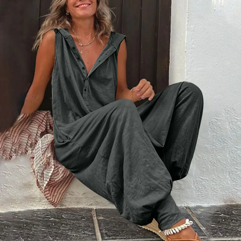 Summer Women Causal Beach Cross-pants Playsuit Fashion Loose Solid Sleeveless Hooded Romper Streetwear Vintage Button Jumpsuit