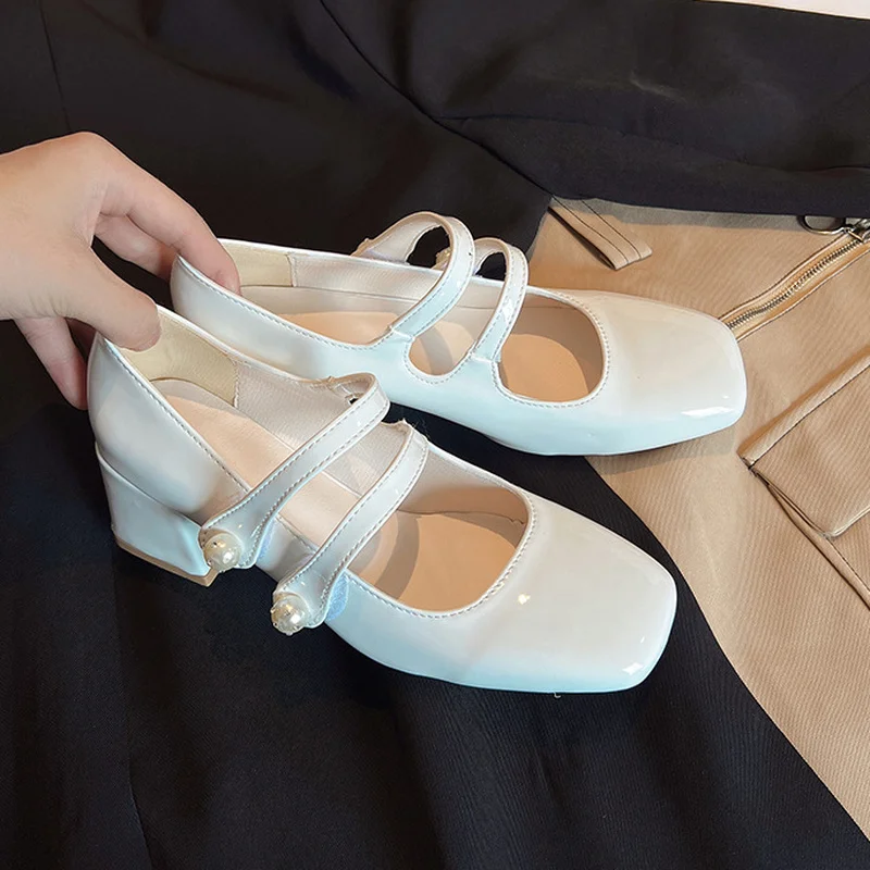 Retro Square Toe Chunky Heel Mary Janes Shoes Gentle Style High-heels Buckle Strap Womens Pumps French Fashion Leather Shoes