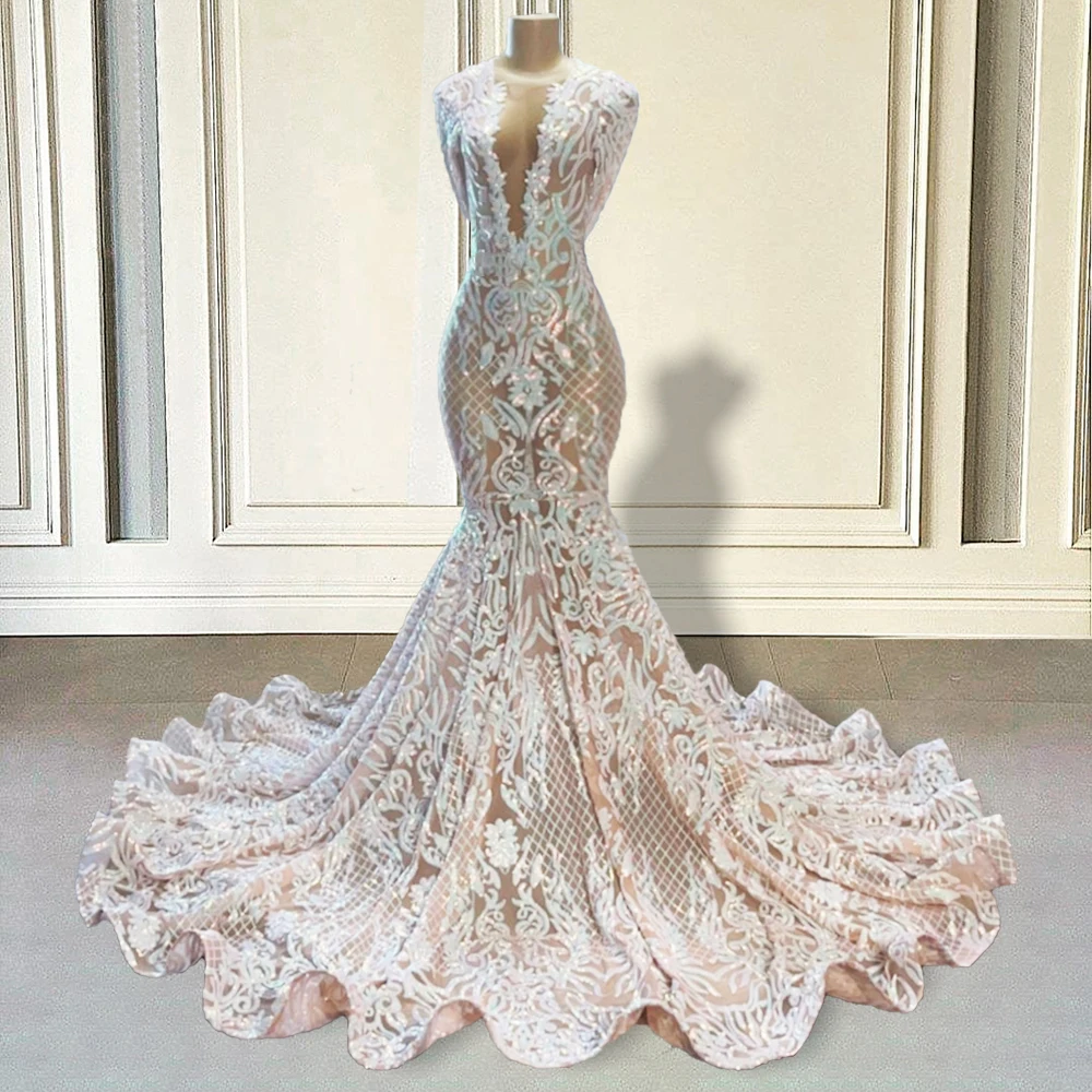 

Sparkly Sequined White Mermaid Long Prom Dresses 2023 for Graduation Party Full Sleeves Girls Women Custom Formal Evening Gowns