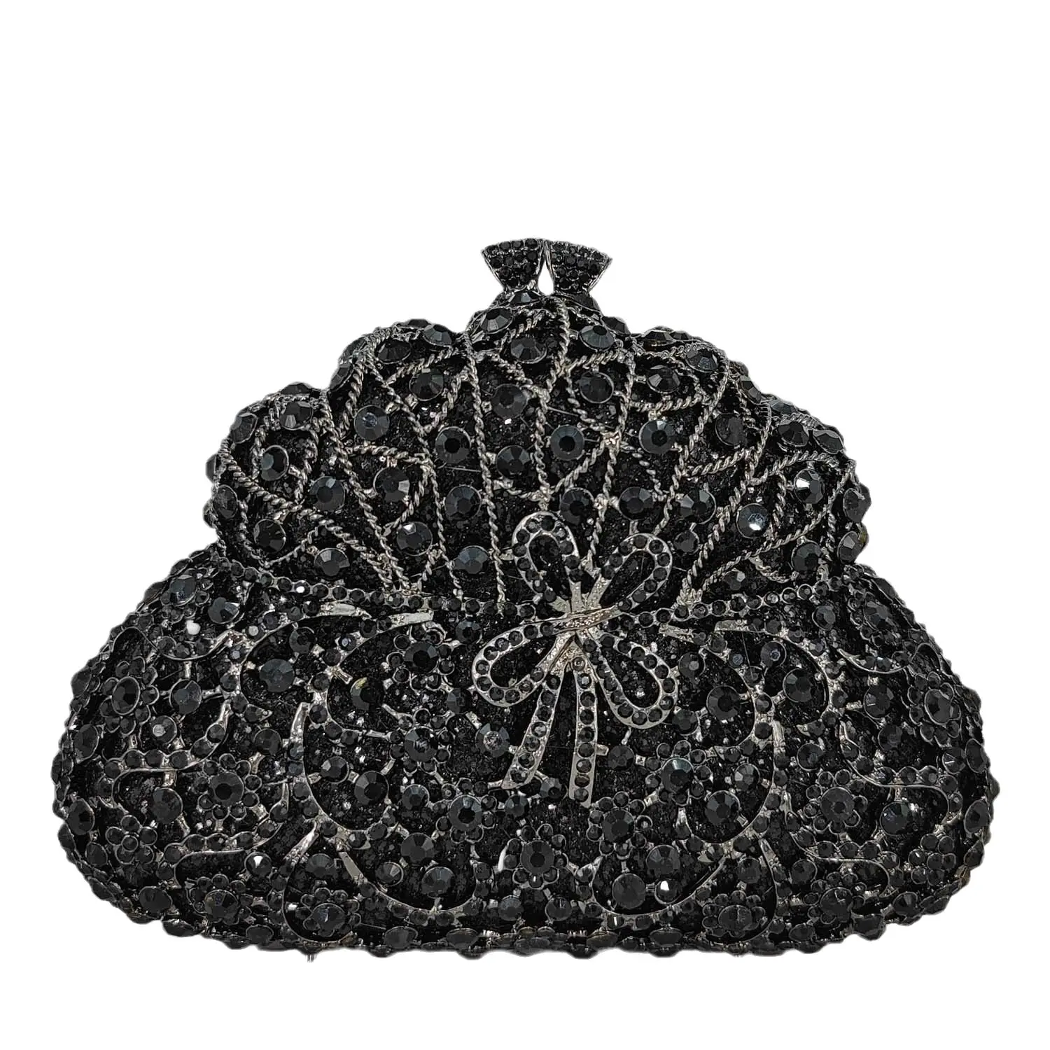 Boutique De FGG Kürbis Form Frauen Schwarz Abend Taschen und Kupplungen mit Bogen Partei Strass Schminktäschchen Handtaschen Kristall Kupplung – Detail 4