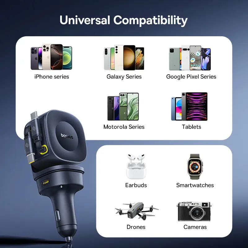 Baseus Car Charger 60W 100W 30W 240W 4 ports Built in Dual Retractable Cable PD Fast Charging USB Type-C Car Phone Charger - Image 6