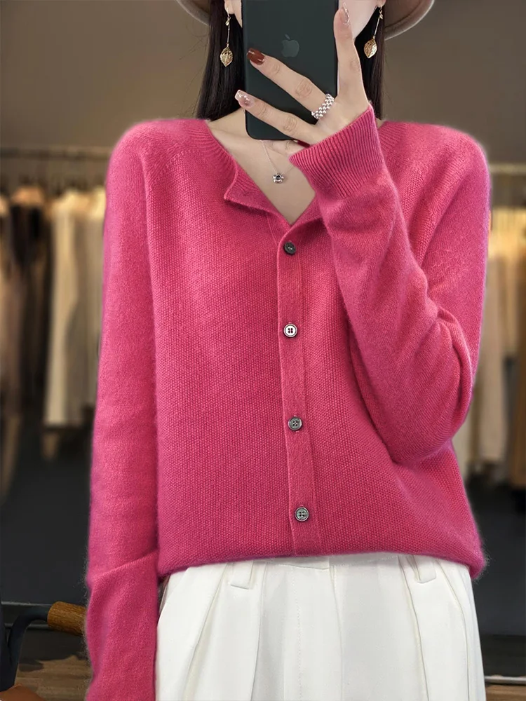 100% 메리노 스웨터 여성용, 캐시미어 가디건, 단색 상의, 가을 및 겨울