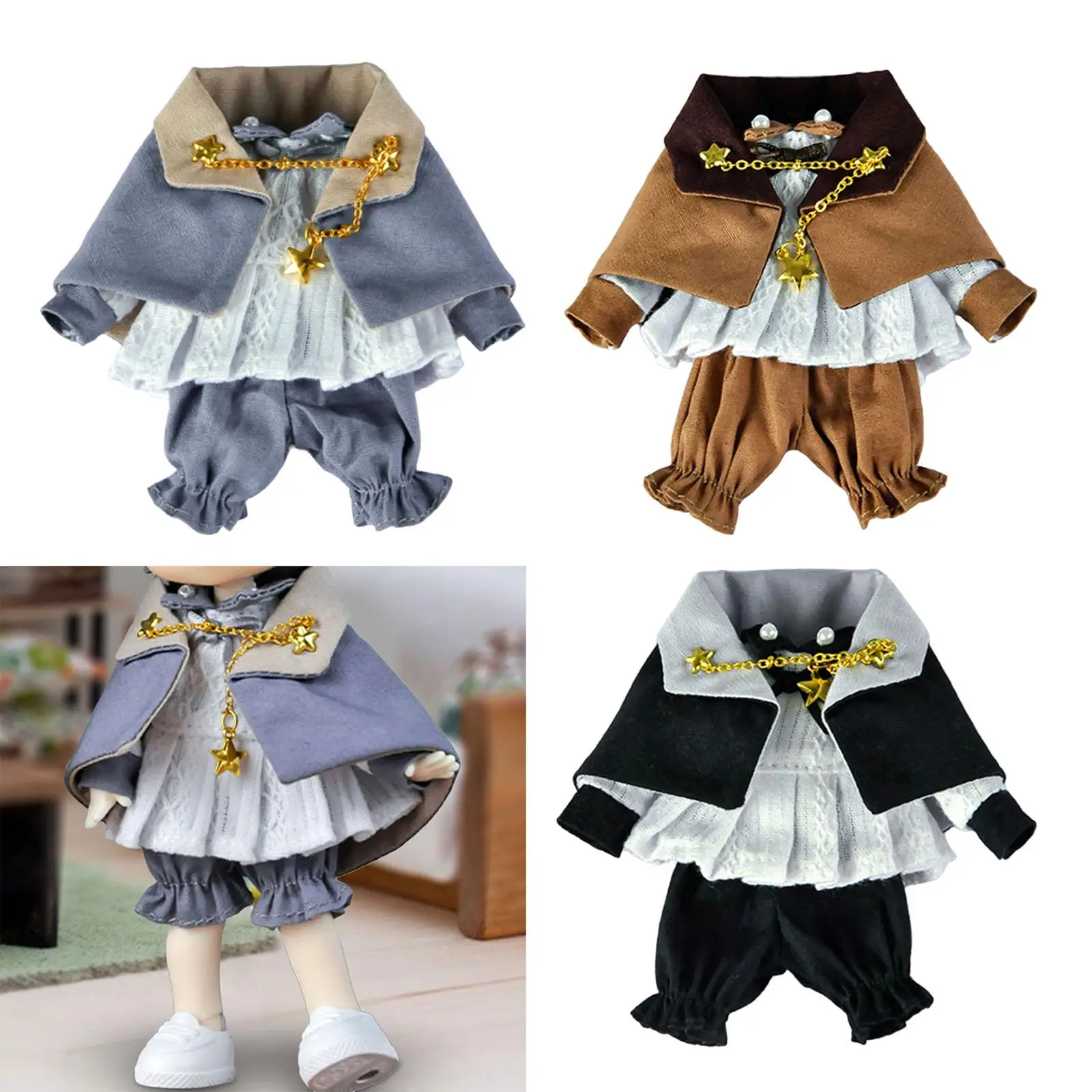 Doll Clothes Retro Doll Cape Top and Pants Set 1/12 Scale Baby Doll Dress up