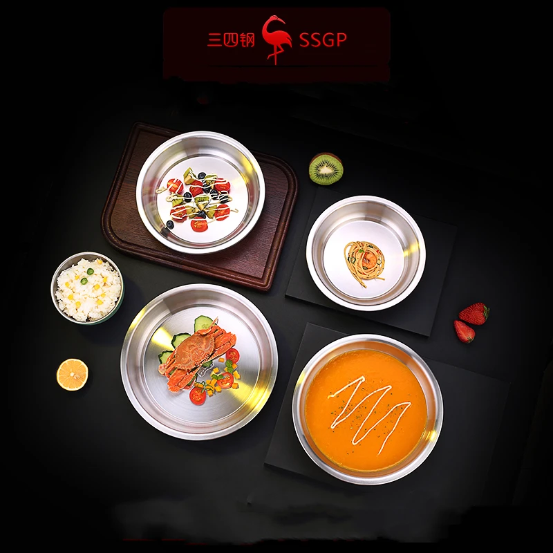 6 Pieces of LFGB Certificated 304 Stainless Steel Plate Set 18cm-28cm Luxury Fall Resistant Course Dish for Family Dining Room