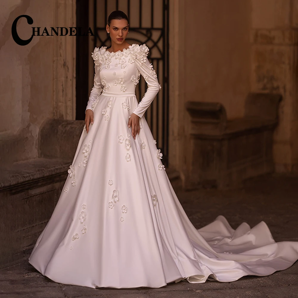 

CHANDELA Elegant 3d Appliques Wedding Dresses Long Sleeves Satin A Line Backless Court Train Made To Order Vestido De Casamento