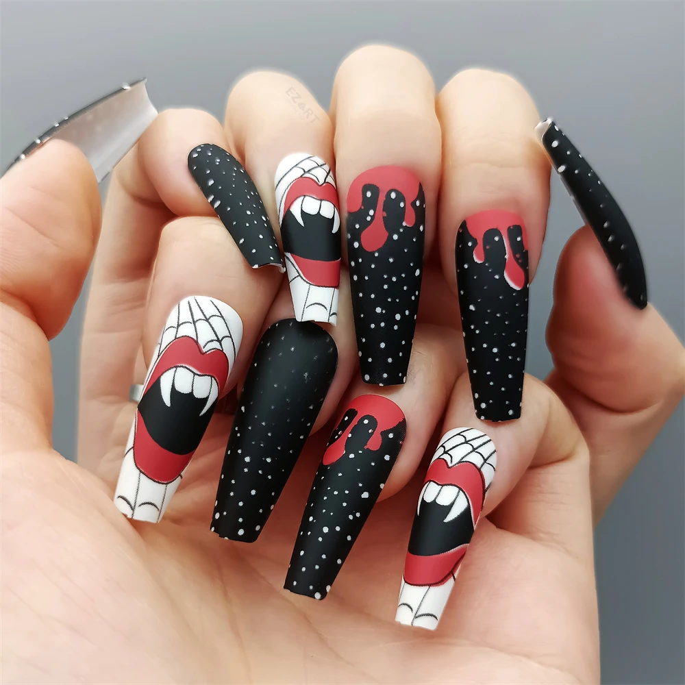 24 Pcs Halloween Coffin Shape Press on Nails,Medium Length Pink Ghost with  Spider Web Designs Ballet Fake False Nails with Glue,Nail Art for Women and  Girls Stick on Nails 