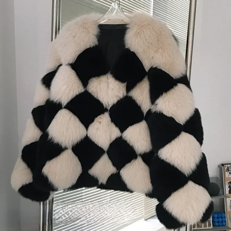 2023 Autumn and Winter New Checkerboard Imitation Fox Fur Coat Women Fur One Plaid Young Fashion High-end Comfort Coat