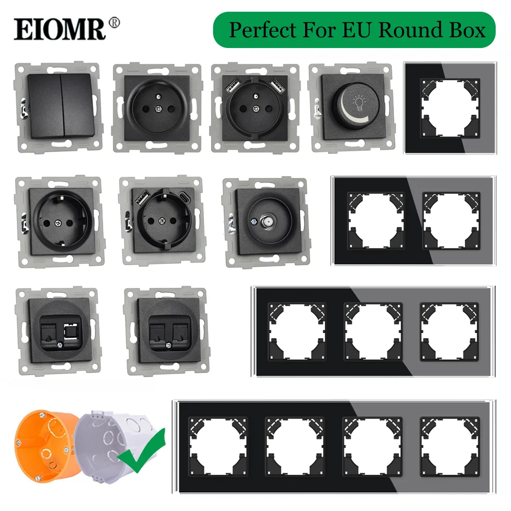 EU French DIY Black Crystal Glass Panel 1 2 Gang Wall Switch USB Type C Data Cat6 TV Dimming Socket with Iron Claw for Round Box
