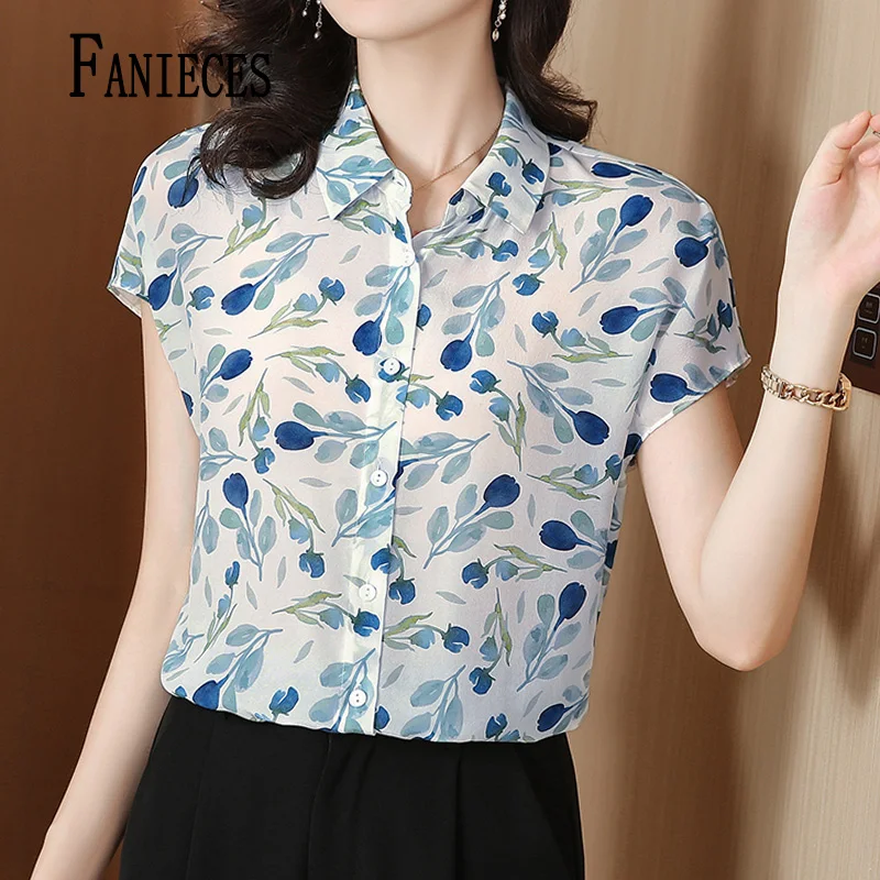 

FANIECES S-3XL Floral Printed Blouse Summer Women Short Sleeve Shirt 2024 Fashion Work Holiday Tops Casual Blusas Tunic 6800﻿