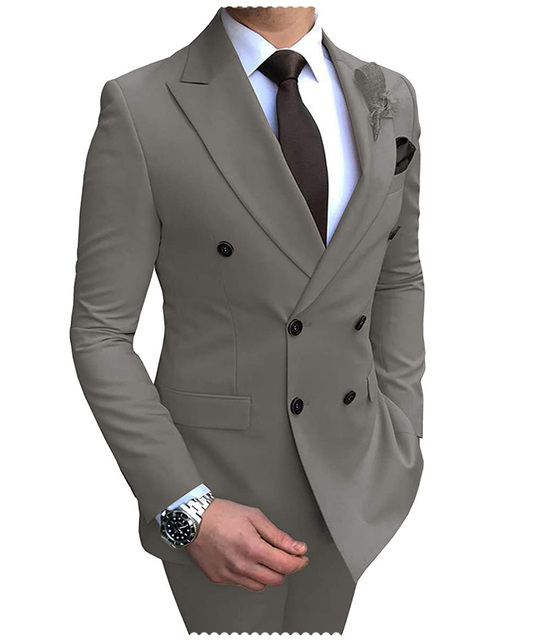 2024 New Beige Men's Suit 2 Pieces Double Breasted Notch Lapel Flat Slim Fit Casual Tuxedos For Wedding(Blazer+Pants) - Grey, 4XL