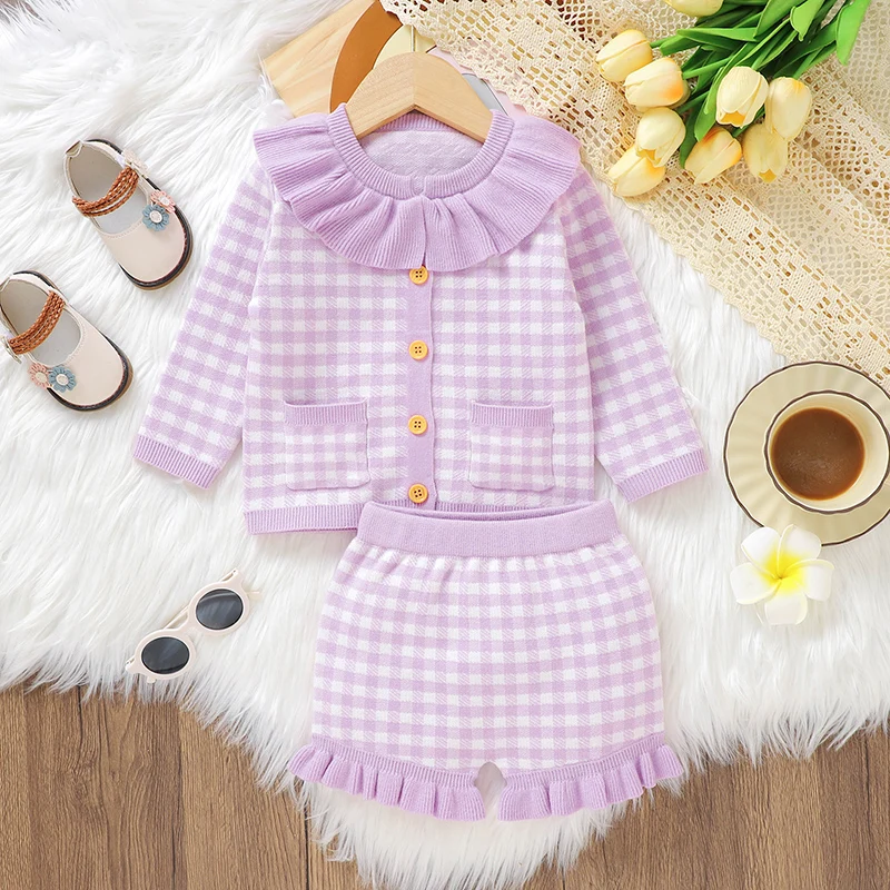 

Girl Baby Clothes Sets Knit Infant Sweater Long Sleeve +Pants Fashion Ruffles Plaid Kid Child Cardigan +Shorts 2PC Autumn Purple