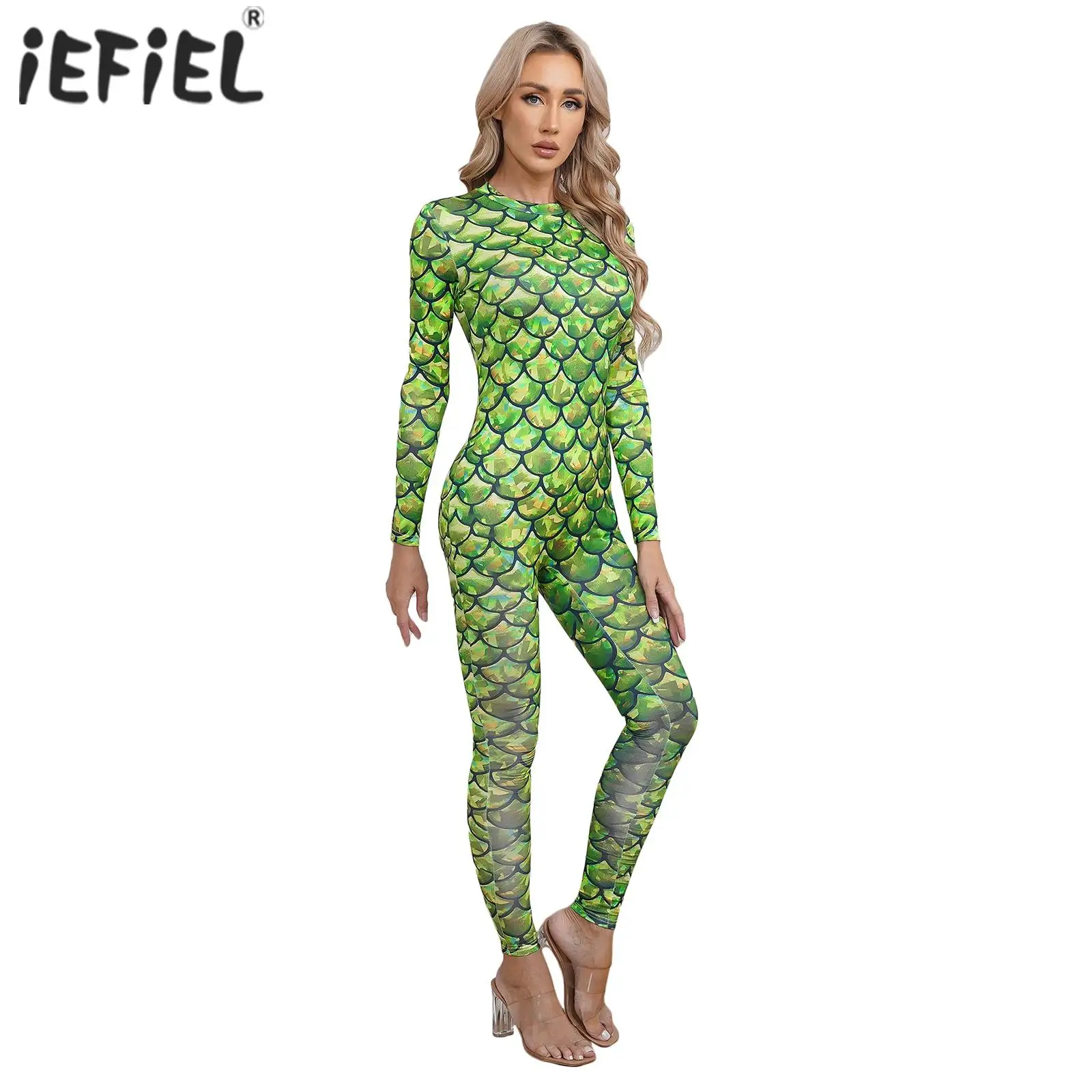WomensMermaidCosplayCostumeFishScalePrintJumpsuitSwimwearLong