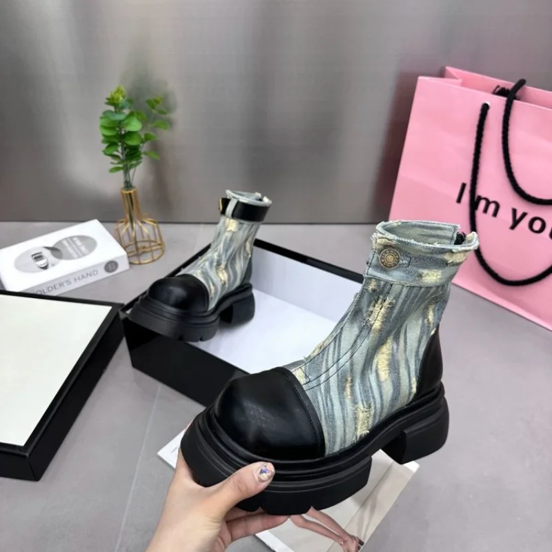 

Women Denim Chelsea Boots Platform Shoes 2023 Autumn Winter New Designer Flats Ankle Boots Casual Shoes Goth Motorcycle Botas