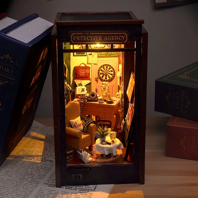 DIY Book Nook Kit Wooden Doll House 3D Puzzle Assembly Model Building Bookend Toy Home Bookshelf Insert Decor With LED Lights 2