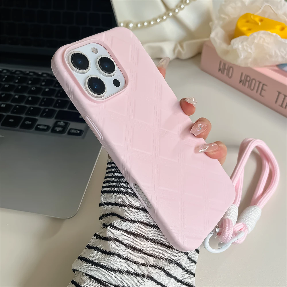 Luxury Leather Texture Shockproof With Lanyard Phone Case For iPhone 16 15 14 13 12 Pro Max Camera Protection Bumper Back Cover_voghion.com
