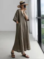 Robe longue midi à col en V pour femmes, manches courtes, coupe ample avec poches, décontractée, pour les vacances, le quotidien, le streetwear, robes maxi amples pour femmes. 2