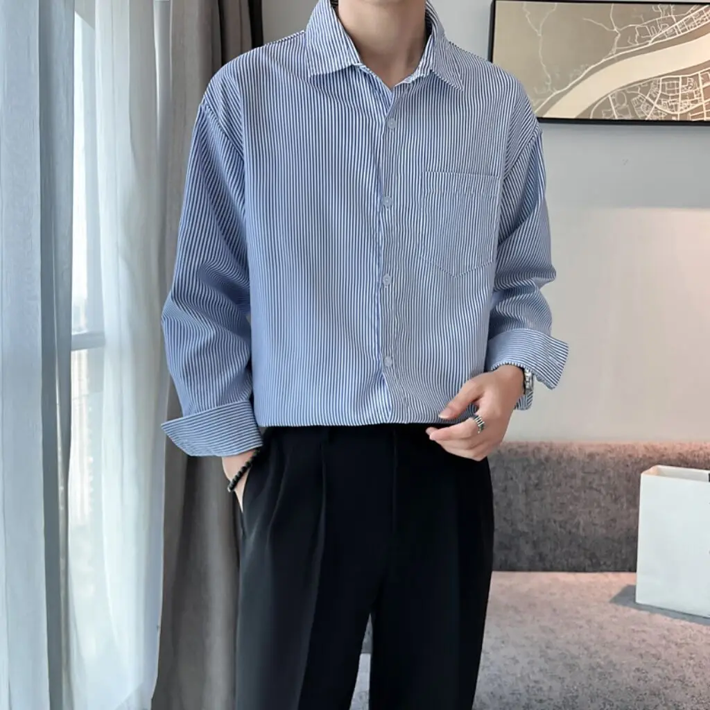 2023 Striped Shirt Men's Long Sleeves Hong Kong Style Casual Thin Loose Coat Fashion Trend High-end Vertical Shirt Clothes