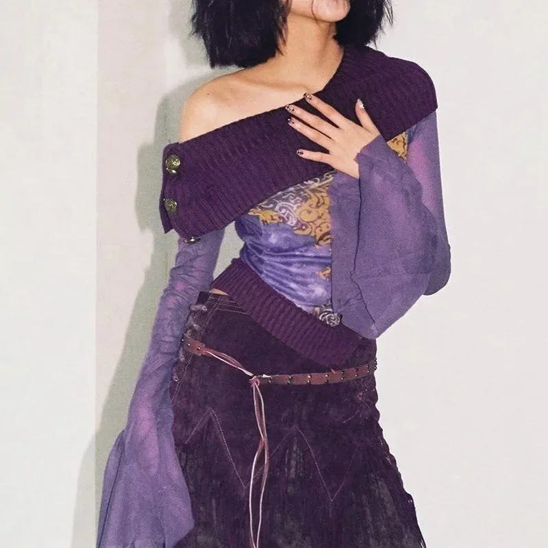 Description Picture 4 of itemLong Sleeve Shirts For Women Fashion Patchwork Streetwear Casual Flare Sleeve Y2k Top Creativity Skew Collar Women Clothing