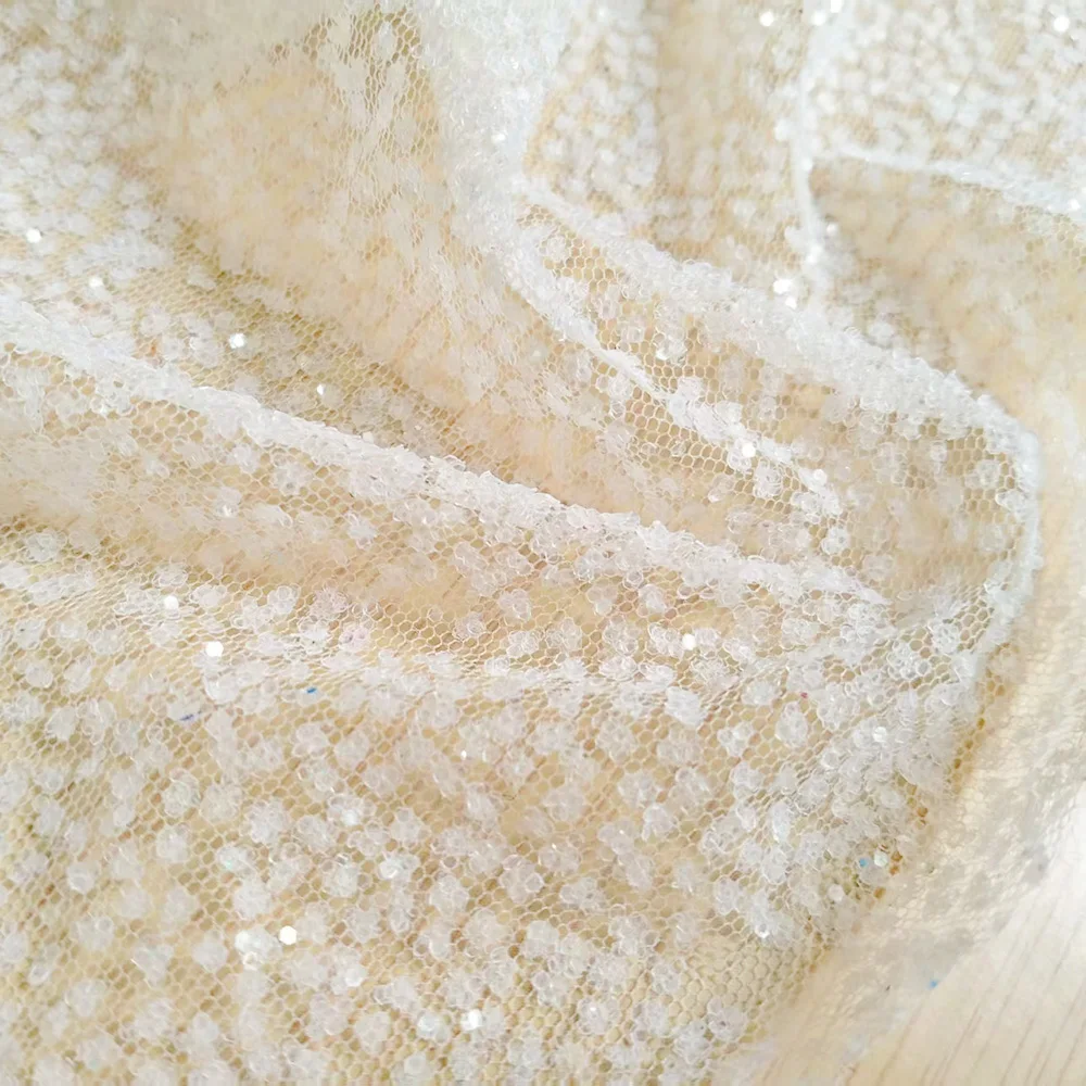 Französisches Weißes Hochzeitskleid mit Klebstoff-Aufdruck, Pailletten-Netzstoff, Glitzer-Schnee-Silber, Transparente Abendkleider, Netzstoff, Modisch