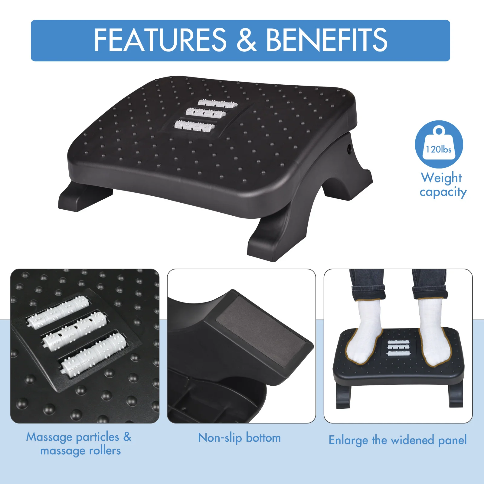 Ergonomic Under Desk Footstool w/Massage Rollers, Muscle Relax Leg Health Care Pain Relief Foot Rest, Family Friends Xmas Gifts