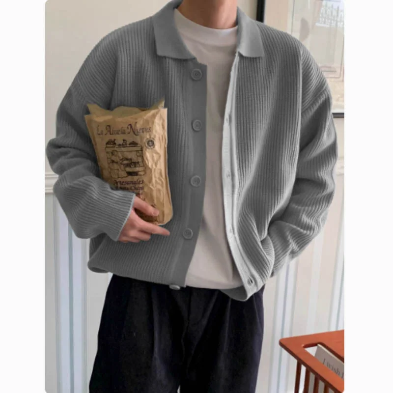 New Autumn and Winter Lapel Knitted Cardigan Jacket for Men Loose Lazy Style Sweater Korean Fashion Casual Top 4