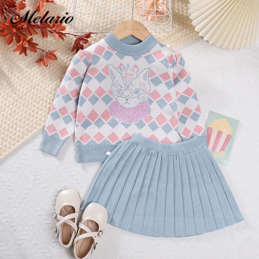 

Melario Girls Sweater Sets 2023 Autumn/Winter Knit Set New Girls Diamond Cartoon Printed Knit Top+Pleated Skirt Two Piece Set