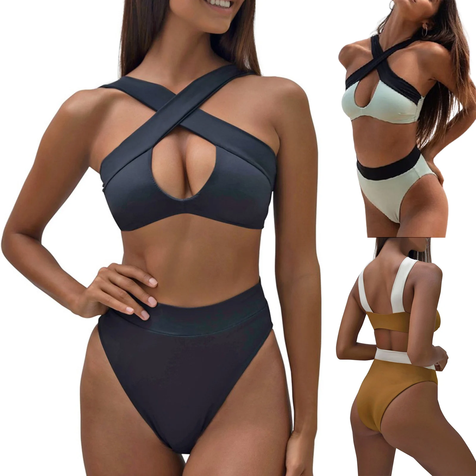 Women Two Piece Bikini Set Cross Shoulder Straps Bandage Patchwork Tops