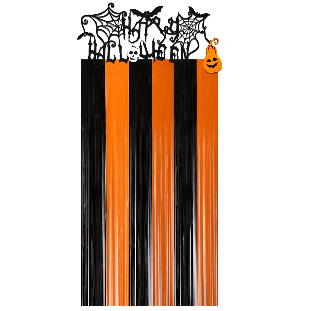 Halloween Folie Fransen Vorhänge 2x1m Party Hintergrund hängen Dekor schwarz orange Lametta Folie Vorhänge für Halloween Wand – Detail 3
