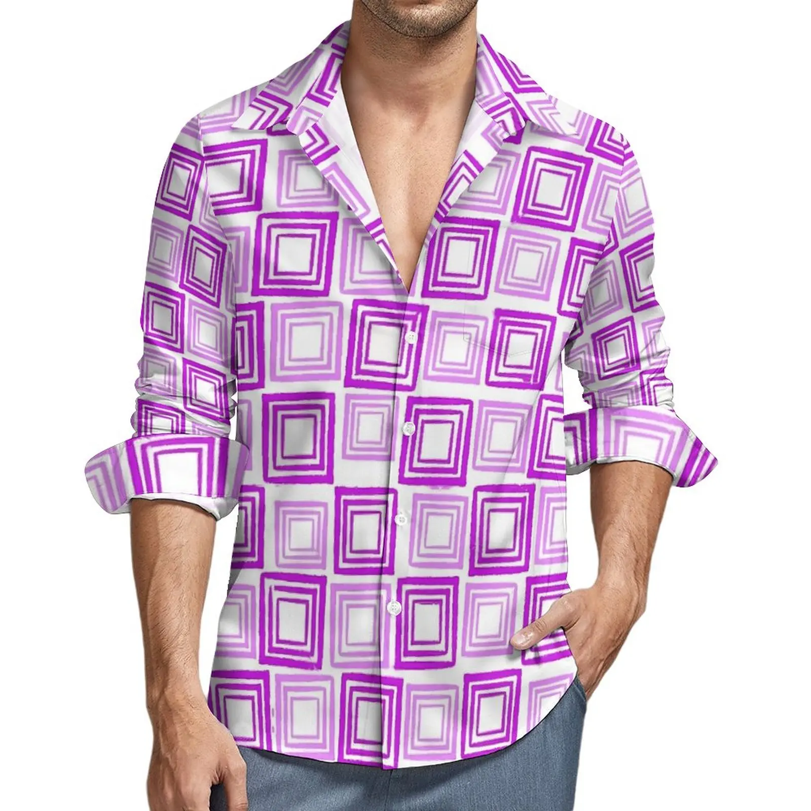 

Retro Mod Print Shirt Man Pink Square Casual Shirts Spring Street Blouses Long Sleeve Vintage Oversized Tops Birthday Gift