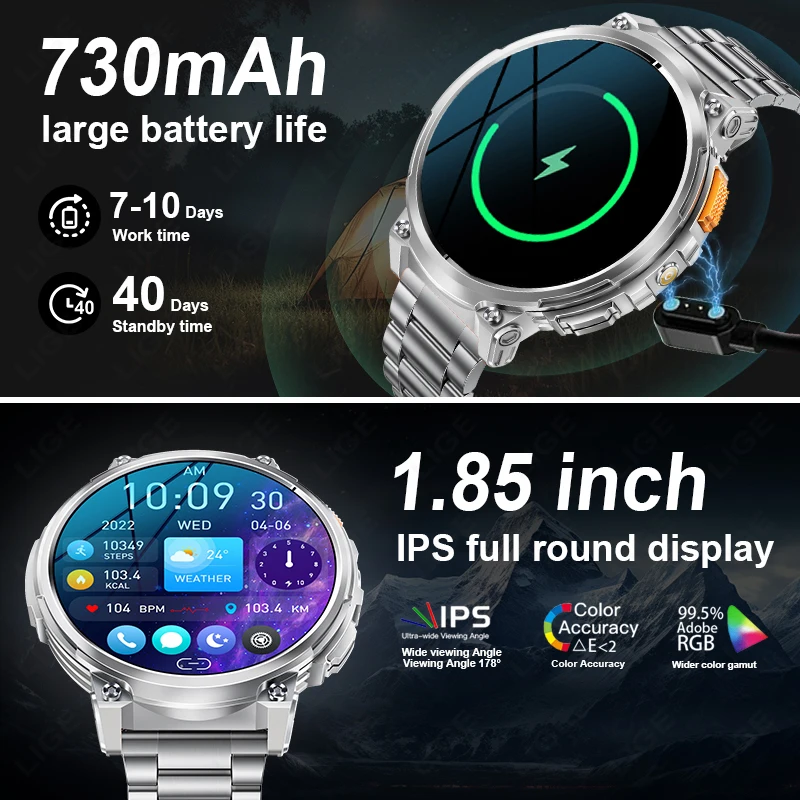LIGE Military Smart Watch Outdoor Sport Smartwatch Men Heart Rate Health Monitoring Bluetooth Call Smart Watches for Android iOS