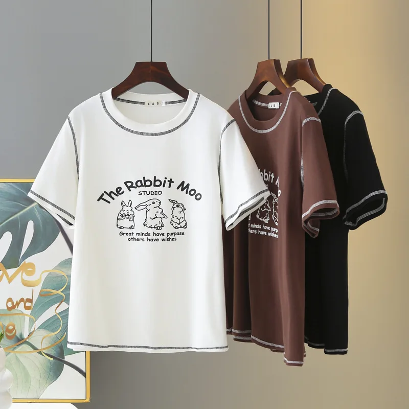 Summer New 100kg Plus Size Top Temperament Casual Bright Line Printed Cartoon Tees short-sleeved Women's T-shirt 2502