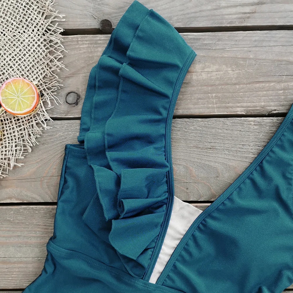2023 New Solid Color High Waist Bikini One-piece Swimsuit Women's Triangle Sexy Backless Ruffled Brazilian Swimwear