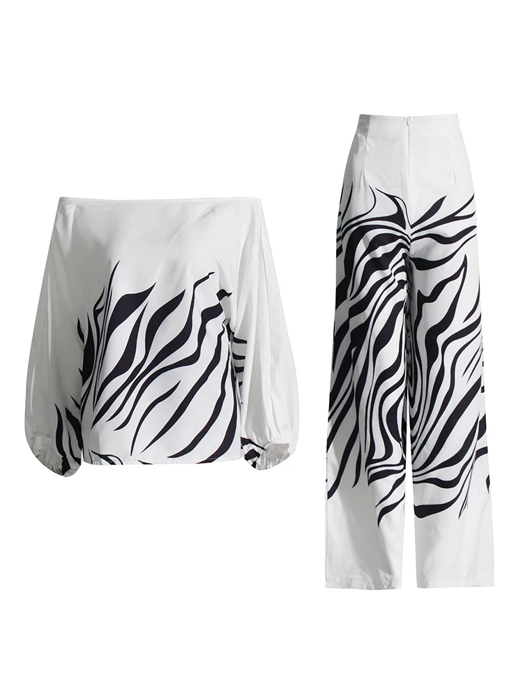 TWOTWINSTYLE Printing Vintage Two Piece Sets Slash Neck Lantern Sleeve Chic Tops High Waist Loose Pants Set Female Clothing New