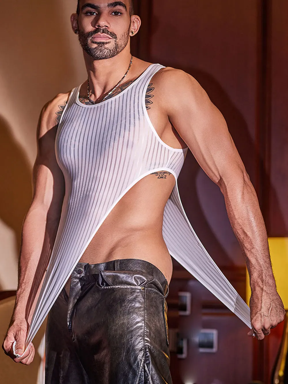 Men Striped Bodysuit Tops Buckle Crotch Open Allure Sheer Transparent Tights Shaper Night Sexy Thong