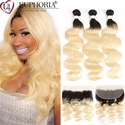 Brazilian Remy Human Hair Ombre Blonde 3 Bundles With Lace Frontal 1B 613 Body Wave Honey Blonde Bundles With Closure EUPHORIA