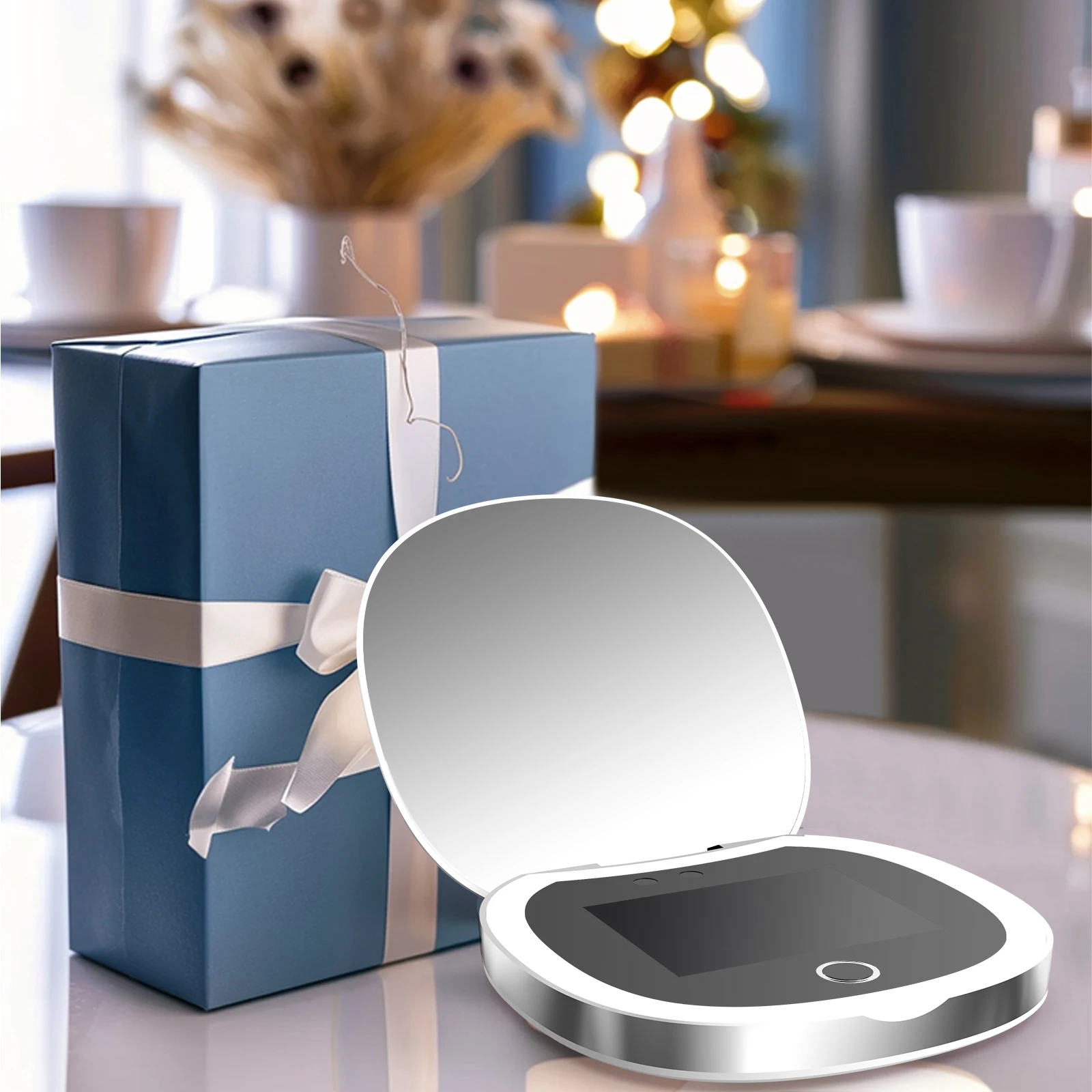 Makeup Mirror Travel Compact with UV Camera 2X Magnification Portable UV with Lights Checking Facial Sunscreen LED