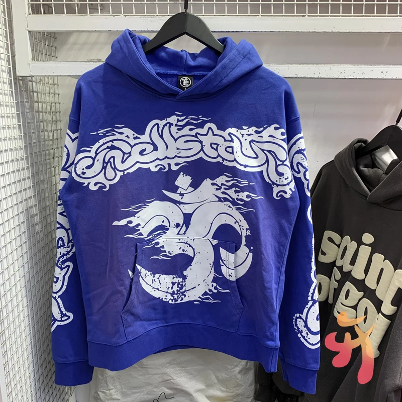 

23FW Hellstar Hoodie Men Women Couples Retro Hip-hop Blue Color Hooded Sweatshirts High Quality Cotton Pullover Real Life Photo