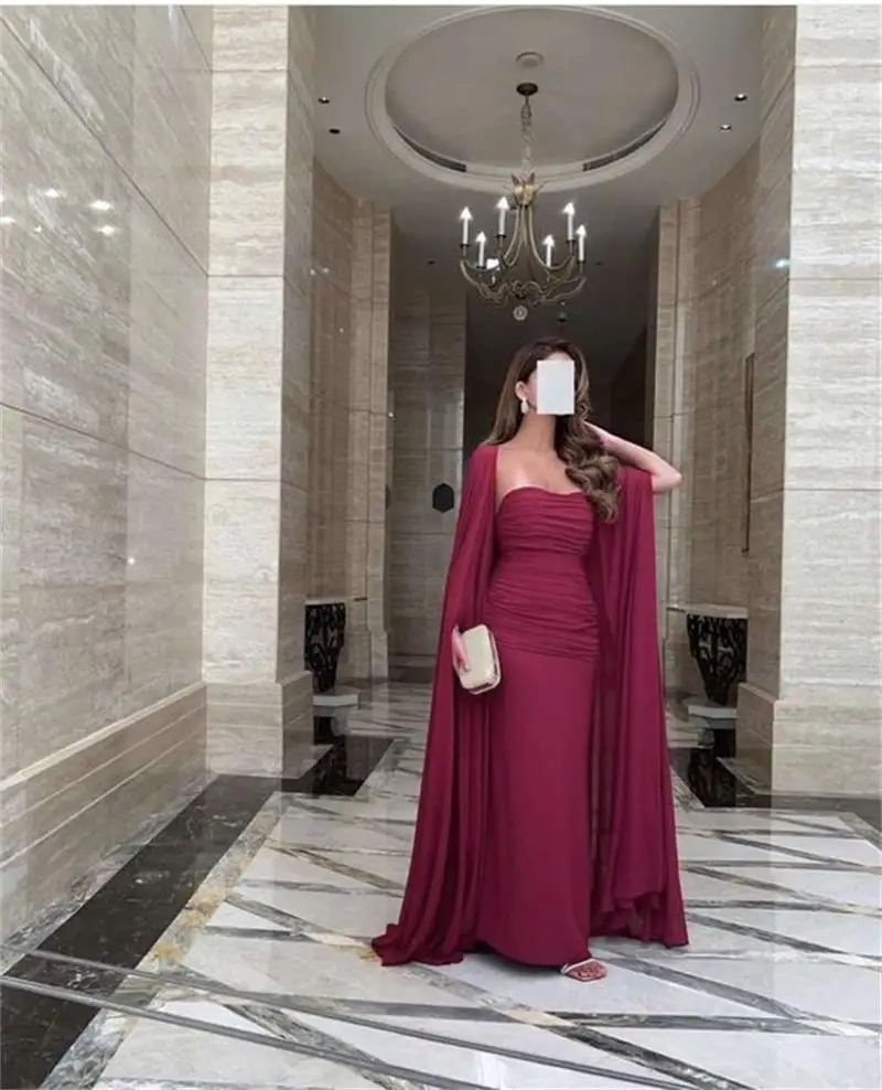 

Wine Red Chiffon Mermaid Formal Evening Dresses With Long Jacket Strapless Saudi Arabic Women Long Prom Party Dress