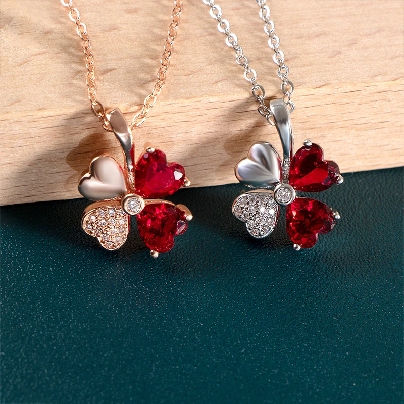 JoiasHome 925 Silver Necklace Pendant Korean Rose Gold Necklace with Lucky Clover Garnet Pendant Valentine's Day Gift pendant necklace silver necklace