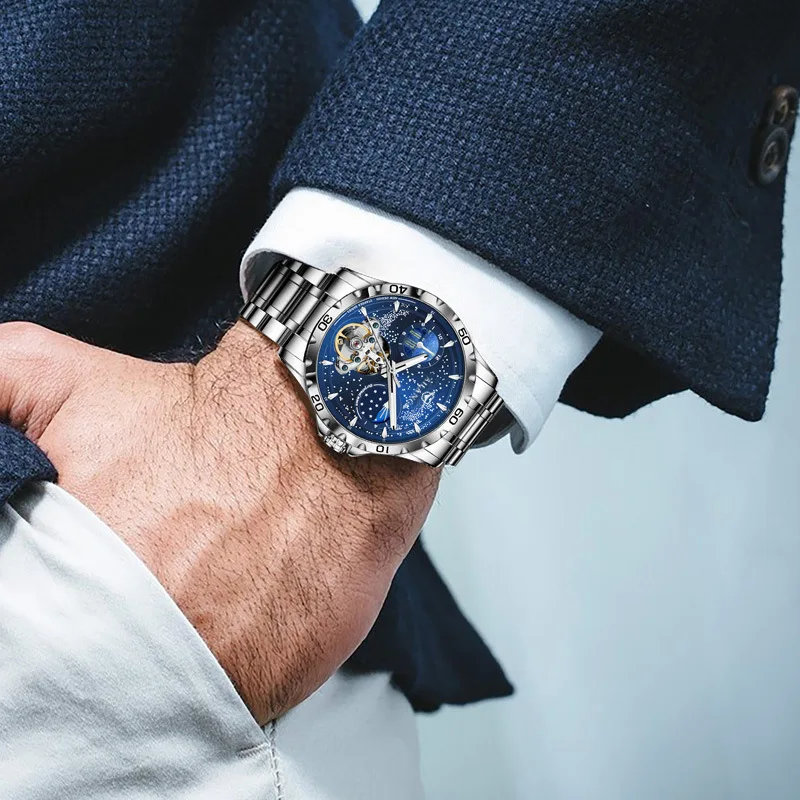 AILANG Fashion Blue Starry Sky Mechanical Watch For Men Luxury Leather Strap Waterproof Luminous Automatic Tourbillon Watches_voghion.com