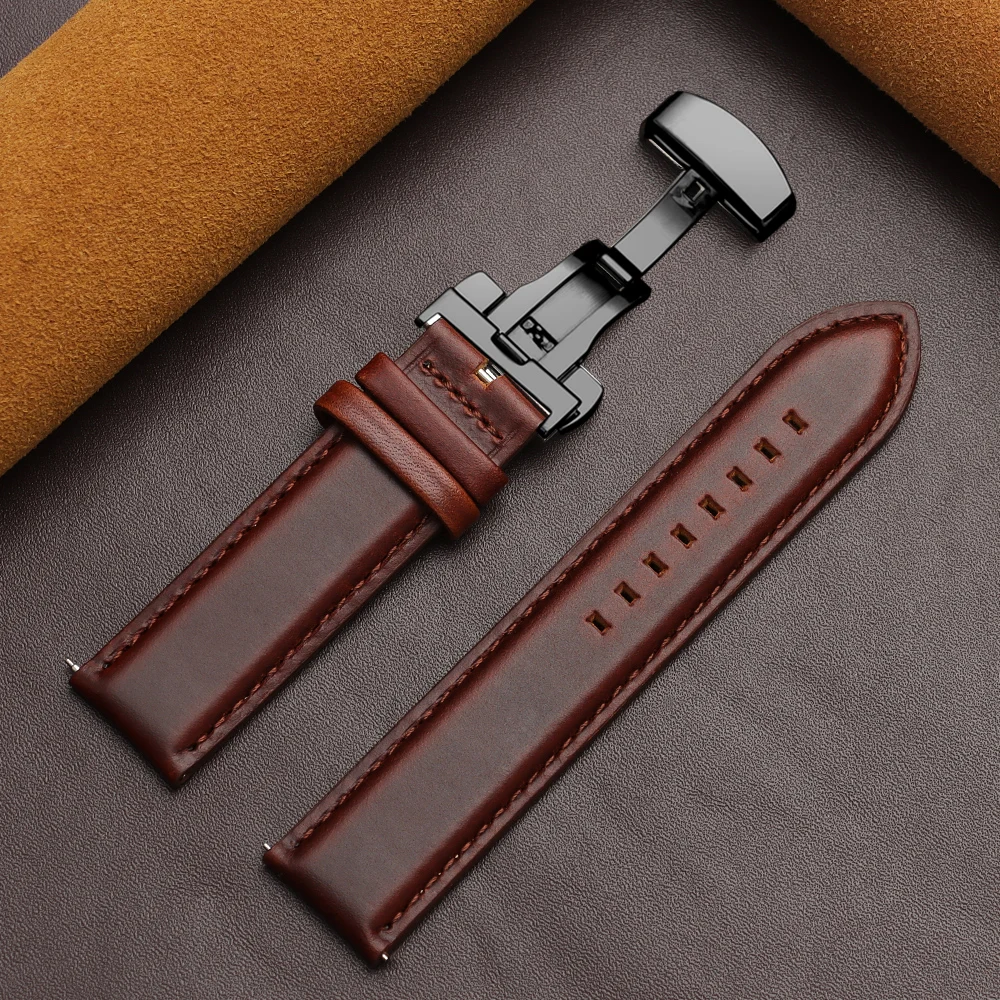 Luxurious Dark Brown Calfskin Leather Watchband with Butterfly Buckle