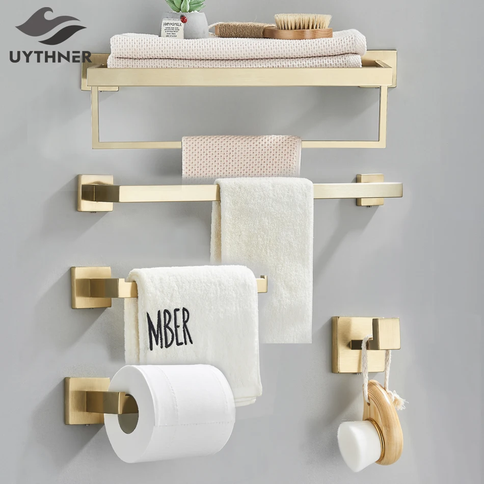 Brushed Gold Bathroom Hardware Set Towel Rail Bath Robe Hook Bar Rack Shelf Tissue Paper Holder Bathroom Accessories bathroom hardware set bathroom hardware accessories