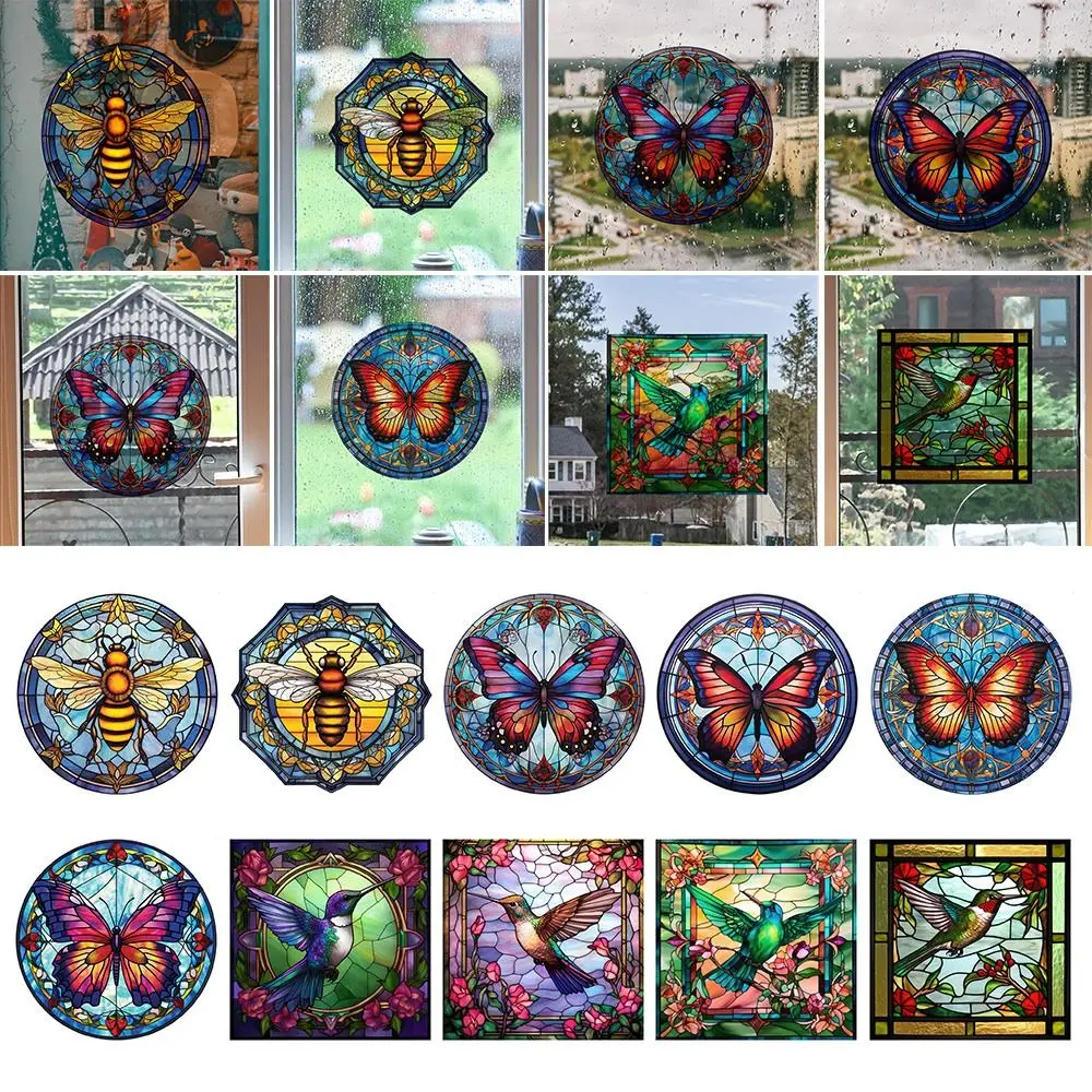 Removable Retro Colorful Stained Hummingbird Bee Butterfly Window Glass Electrostatic Stickers Anti-collision Decorative Film window stickers