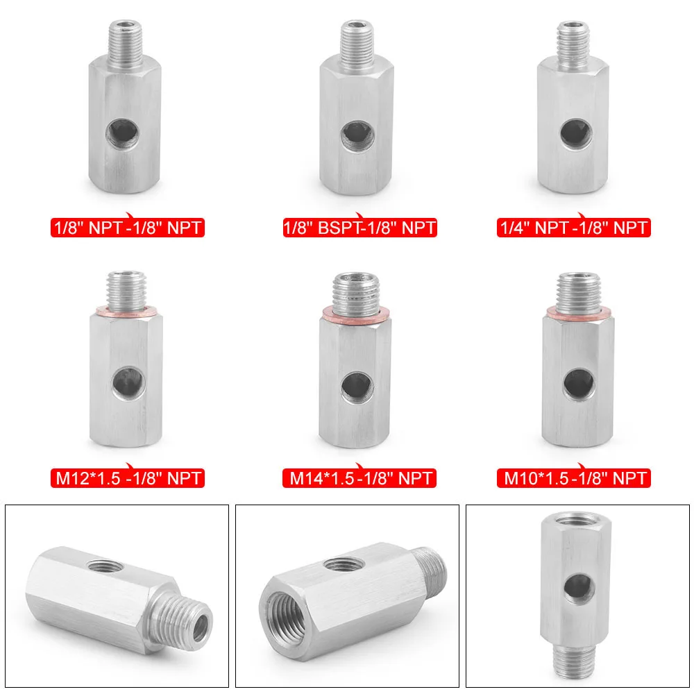 Oil Pressure Sensor Connector Stainless Steel Side Holes 1/8"NPT Female To M12 M10 M14 Feed Line Gauge Tee Adapter