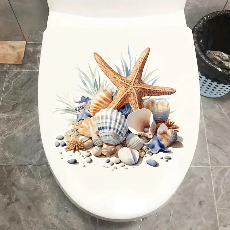 Blue Shell Starfish Home Toilet Cover Sticker Creative Bathroom Sticker Waterproof Reusable PVC for Bathroom Decor vinyl stickers,toilet stickers,toilet wall stickers,toilet seat stickers