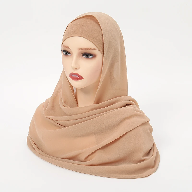 Solid Chiffon Hijab With Matching Undercap Set Women Plain Shawl Jersey Inner Modal Caps Muslim Headband Two-piece Scarf Set 5