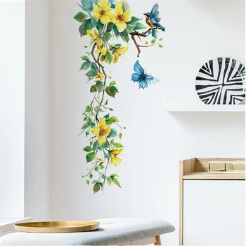 Fiore giallo Vite Farfalla Uccello Adesivi murali Frigorifero Finestra Armadio Decorazioni per la casa Decalcomanie per la casa fai da te Poster murali artistici 1