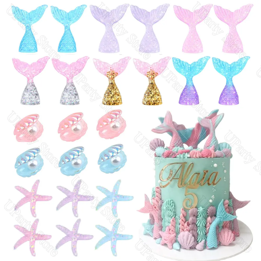 Acrylic Mermaid Tail Cake Toppers Shell Starfish Mermaid Cupcake Cake Decoration 12/24Pcs For Birthday Baby Shower Decor cake topper,cake toppers,cake decorations
